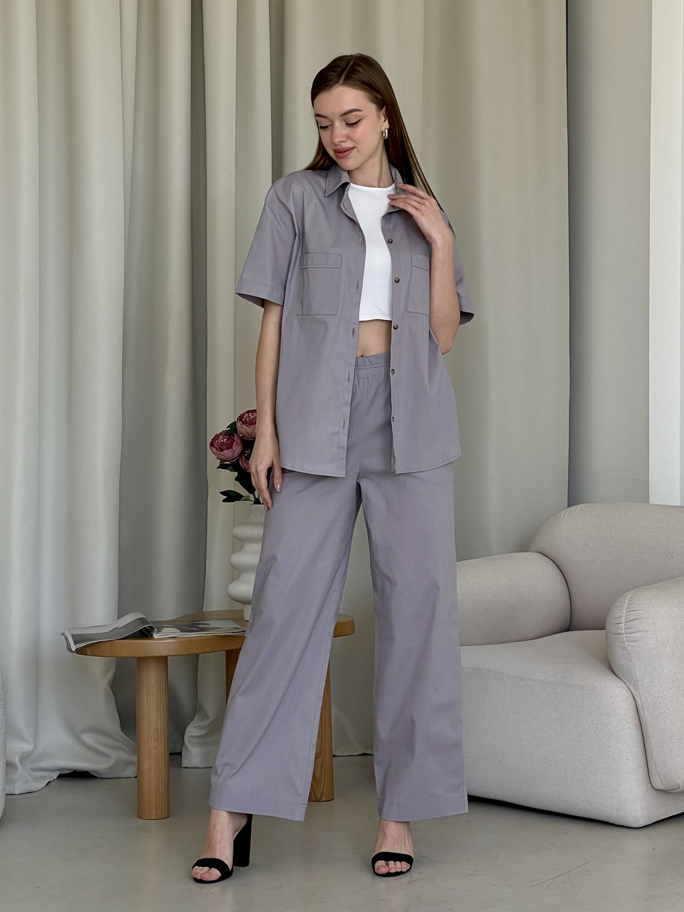 Купить Льняной костюм с штанами палаццо и рубашкой серый Лорен 100001203 размер 46-48 (L-XL) в интернет-магазине