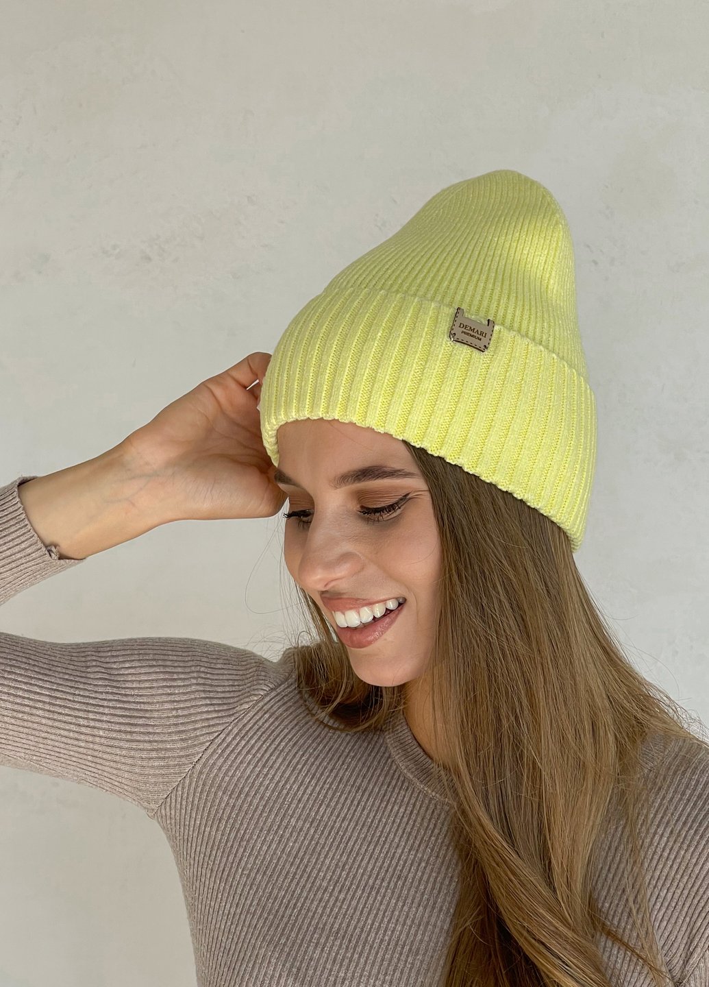Купить Теплая зимняя кашемировая шапка с отворотом без подкладки DeMari Роуз 500014 - Жёлтый в интернет-магазине