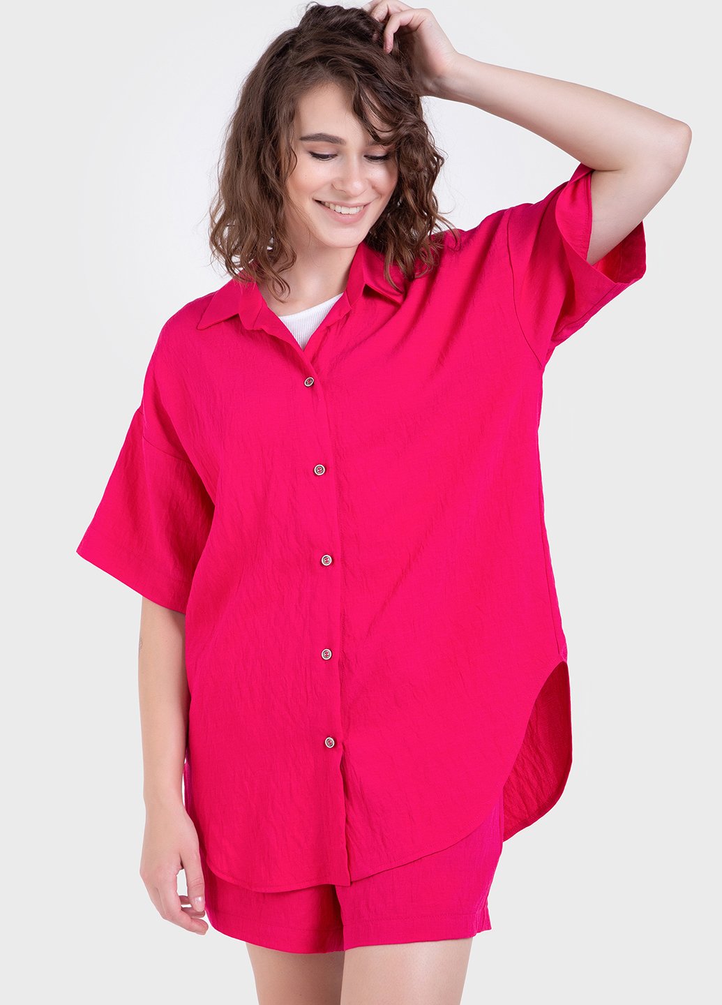 Купить Оверсайз рубашка женская малинового цвета из льна-жатки Merlini Авеллино 200000067, размер 42-44 в интернет-магазине