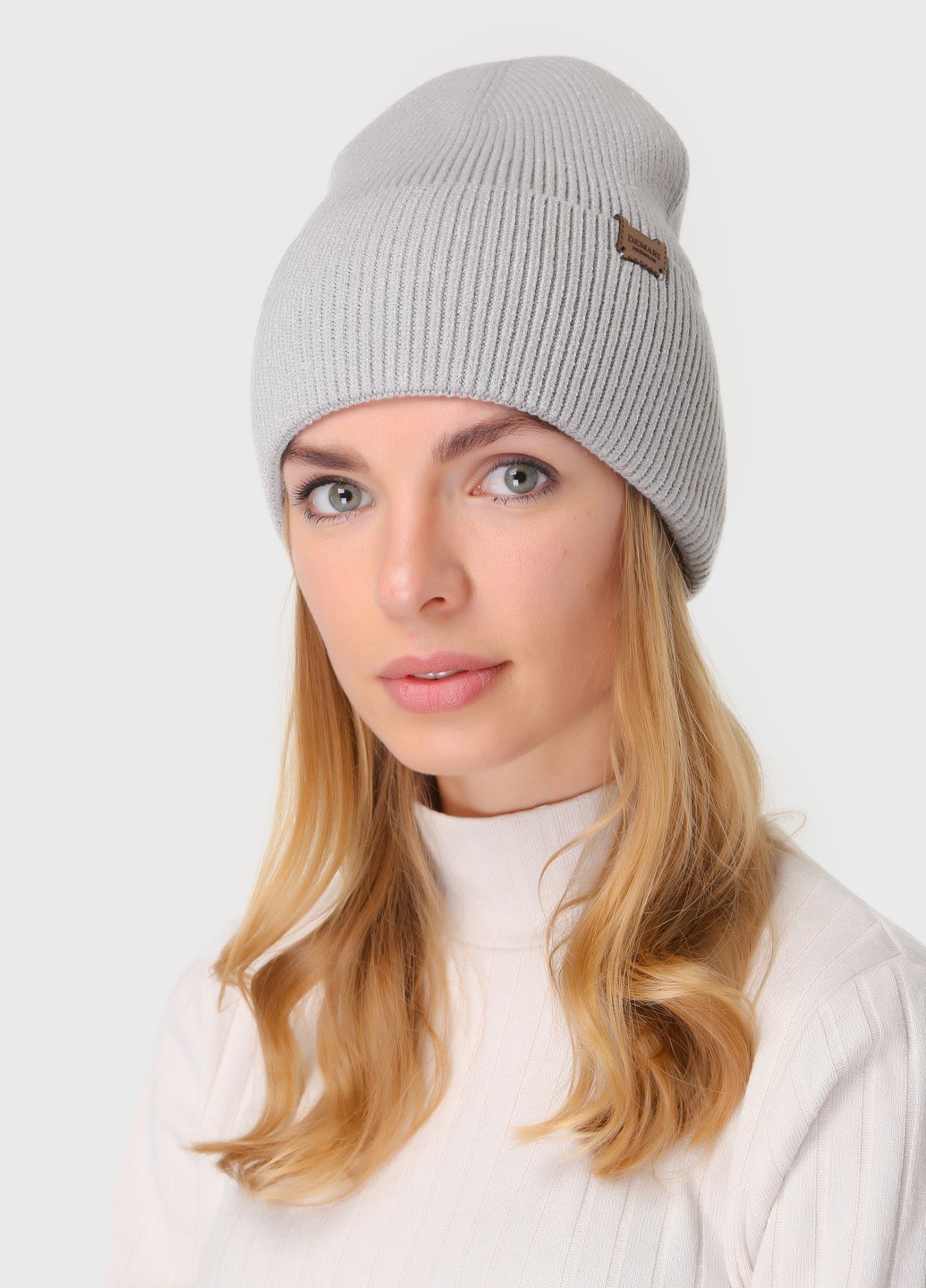 Купить Теплая зимняя кашемировая шапка с отворотом без подкладки DeMari Премьера 500020 - Серый в интернет-магазине