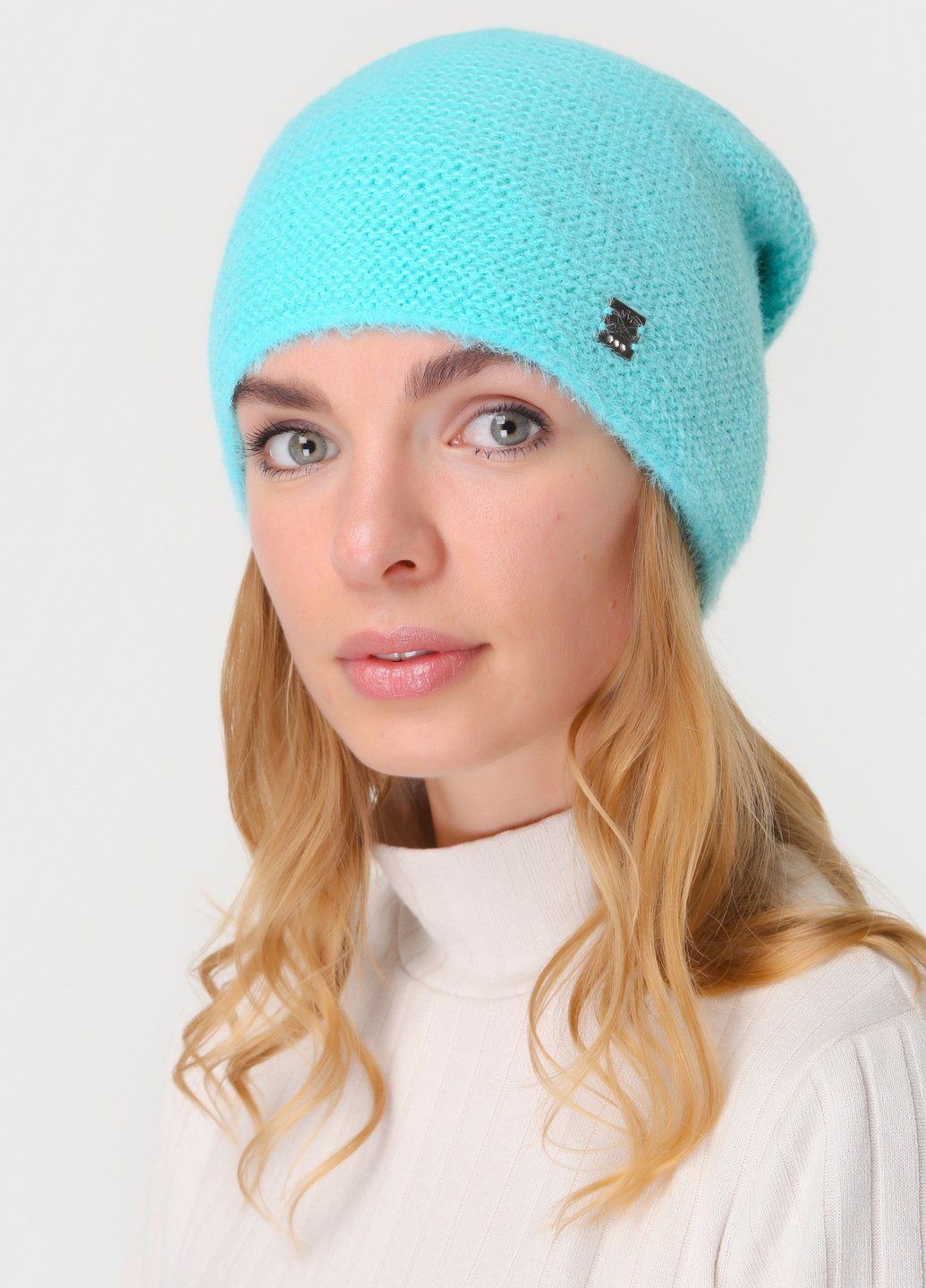 Купить Зимняя ангоровая женская шапка на флисовой подкладке DeMari Вельвет 551121 - Бирюзовый в интернет-магазине
