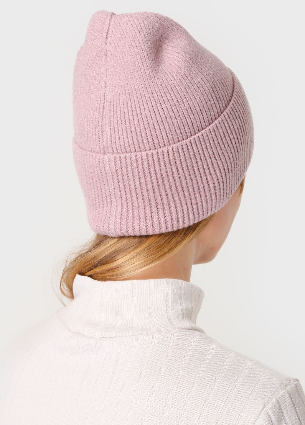 Купить Теплая зимняя кашемировая шапка с отворотом без подкладки DeMari Премьера 500021 - Пудровый в интернет-магазине