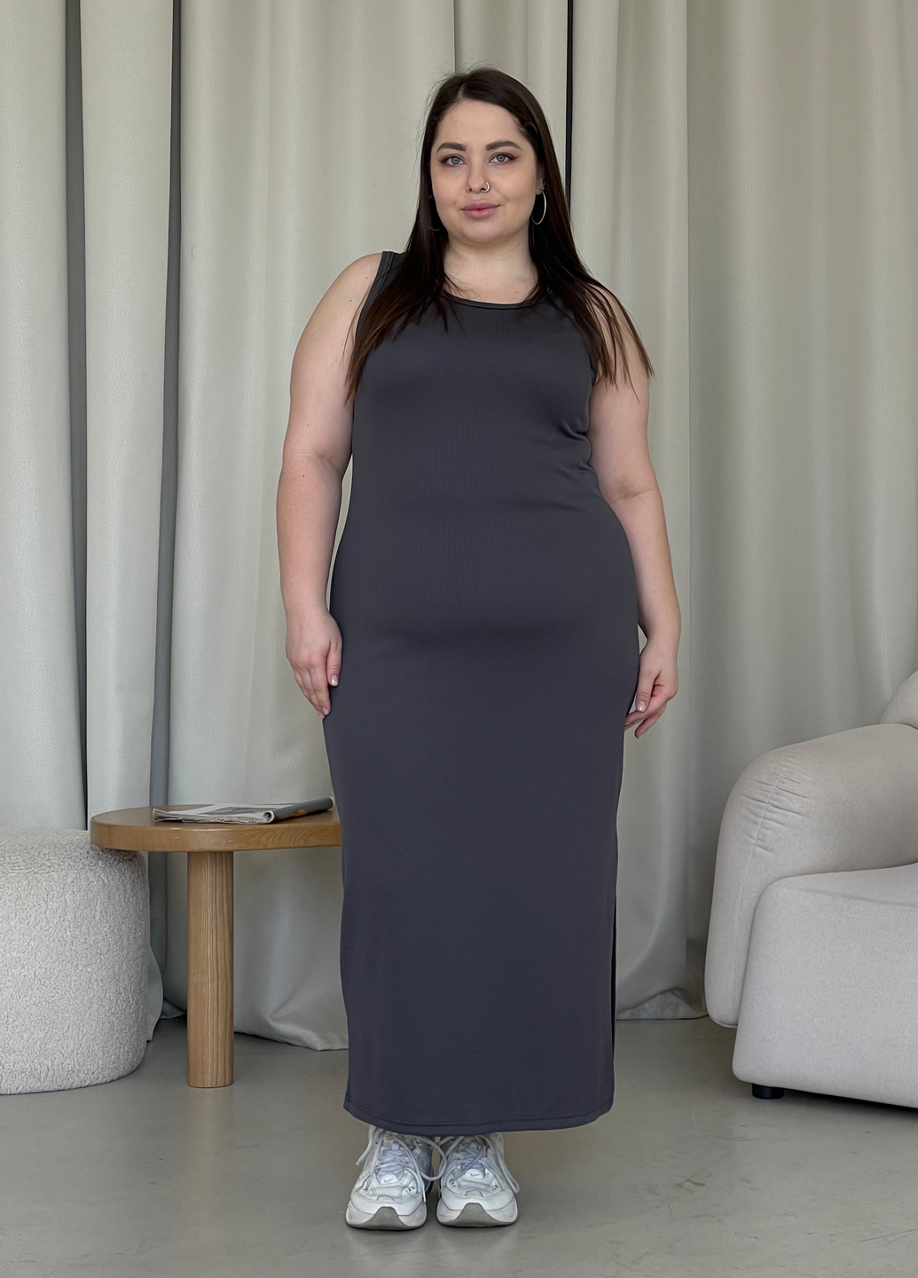 Купить Длинное платье-майка в рубчик серое Merlini Лонга 700000110 размер 42-44 (S-M) в интернет-магазине