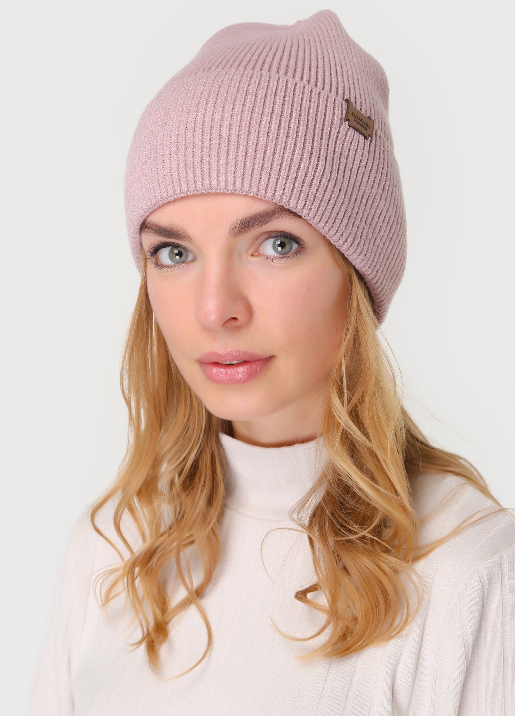Купить Теплая зимняя кашемировая шапка с отворотом без подкладки DeMari Премьера 500021 - Пудровый в интернет-магазине