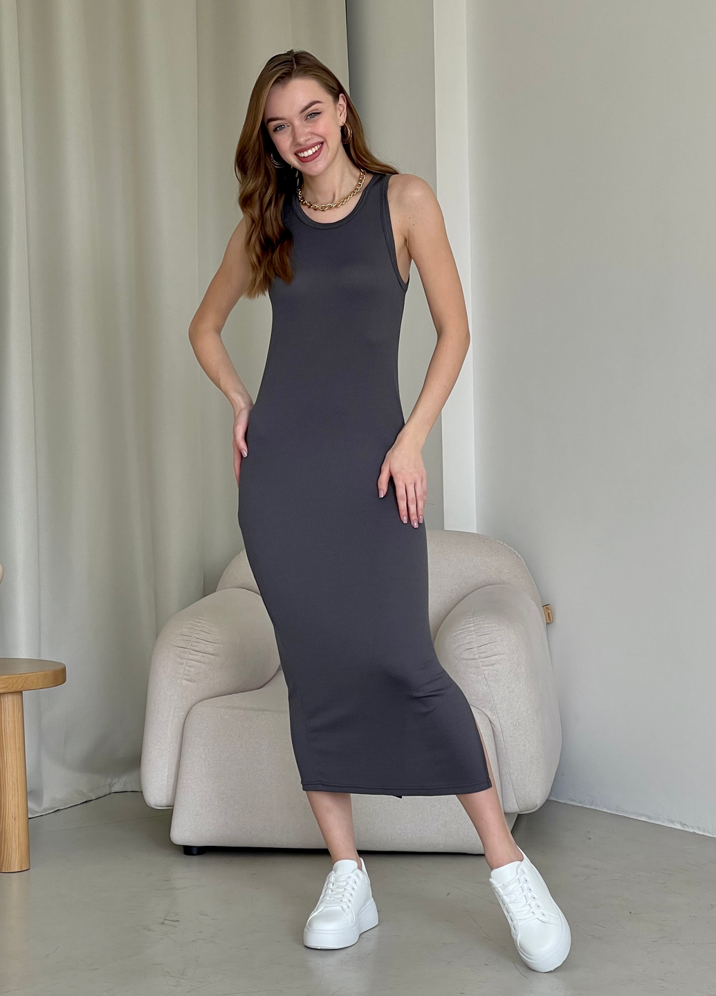 Купити Довга сукня-майка в рубчик сіре Merlini Лонга 700000110 розмір 42-44 (S-M) в інтернет-магазині