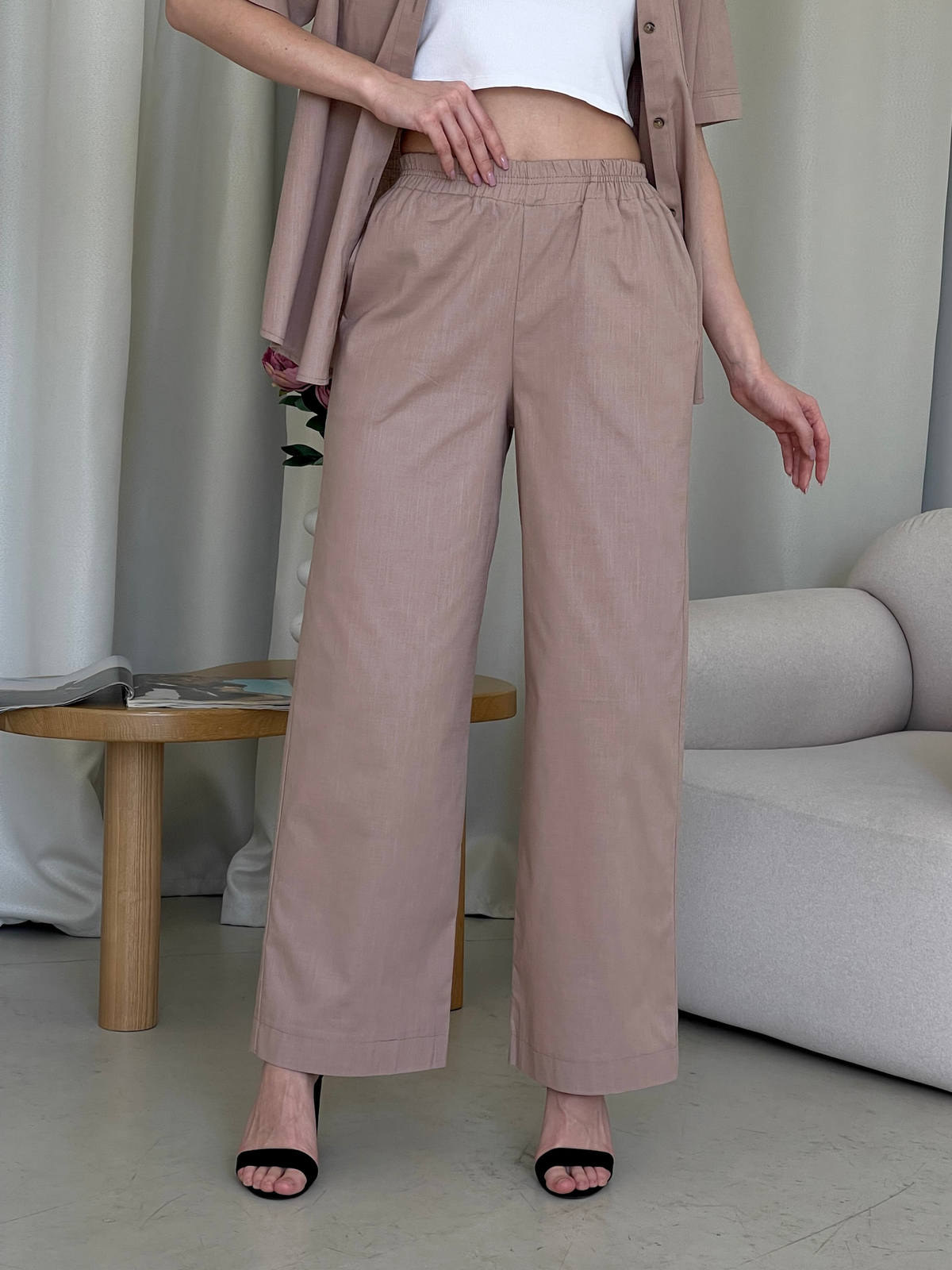 Купить Льняной костюм с штанами палаццо и рубашкой бежевый Лорен 100001204 размер 42-44 (S-M) в интернет-магазине