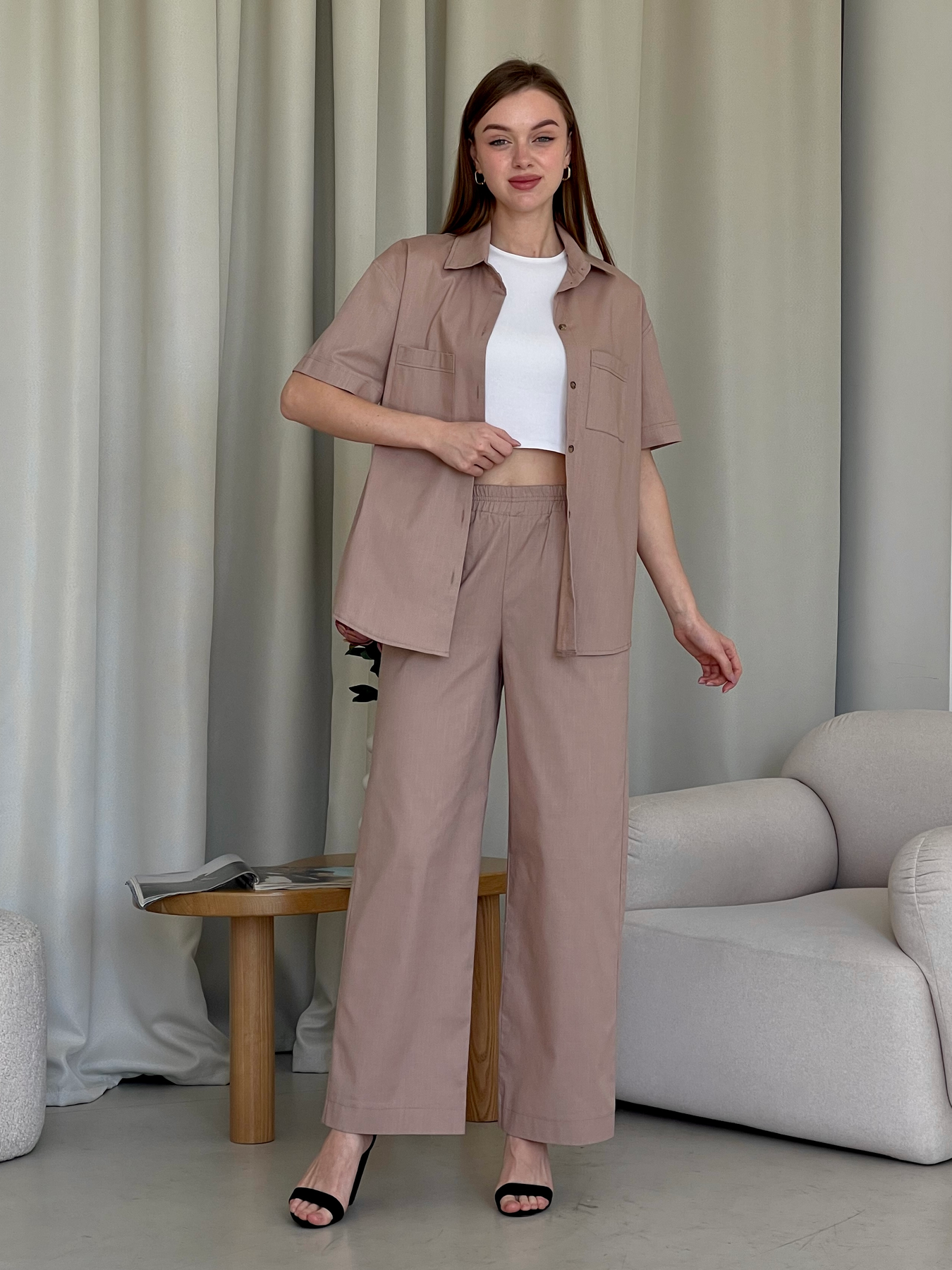 Купити Льняний костюм з брюками палаццо та сорочкою бежевий Лорен 100001204 розмір 42-44 (S-M) в інтернет-магазині