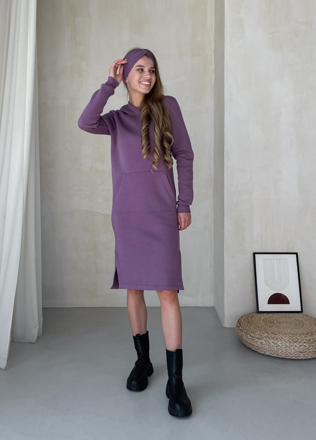 Купити Тепла зимова плаття-худі на флісі нижче коліна фіолетовий Merlini Рошель 700001005, розмір 42-44 (S-M) в інтернет-магазині