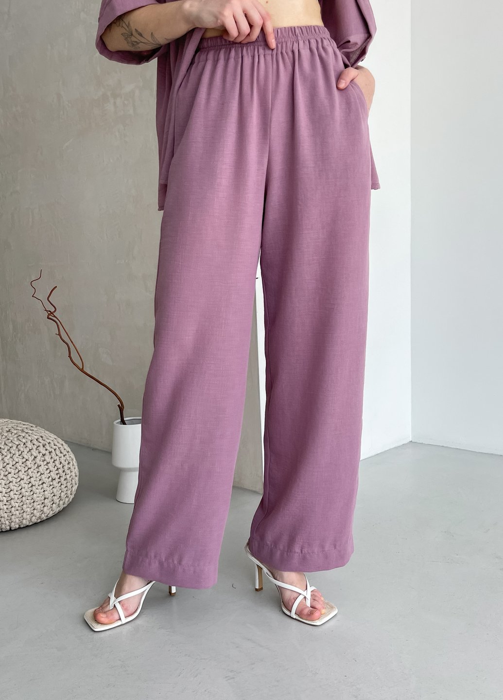 Женские брюки клеш от бедра из льна розовые Merlini Палуцца 600000144, размер 42-44