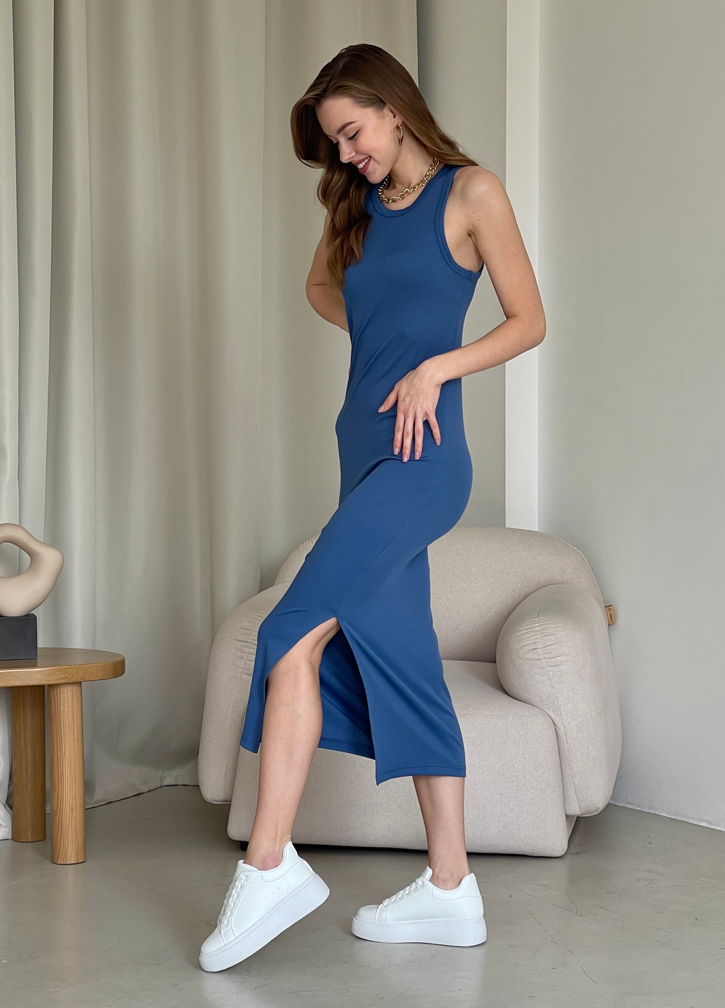 Купить Длинное платье-майка в рубчик синее Merlini Лонга 700000111 размер 42-44 (S-M) в интернет-магазине