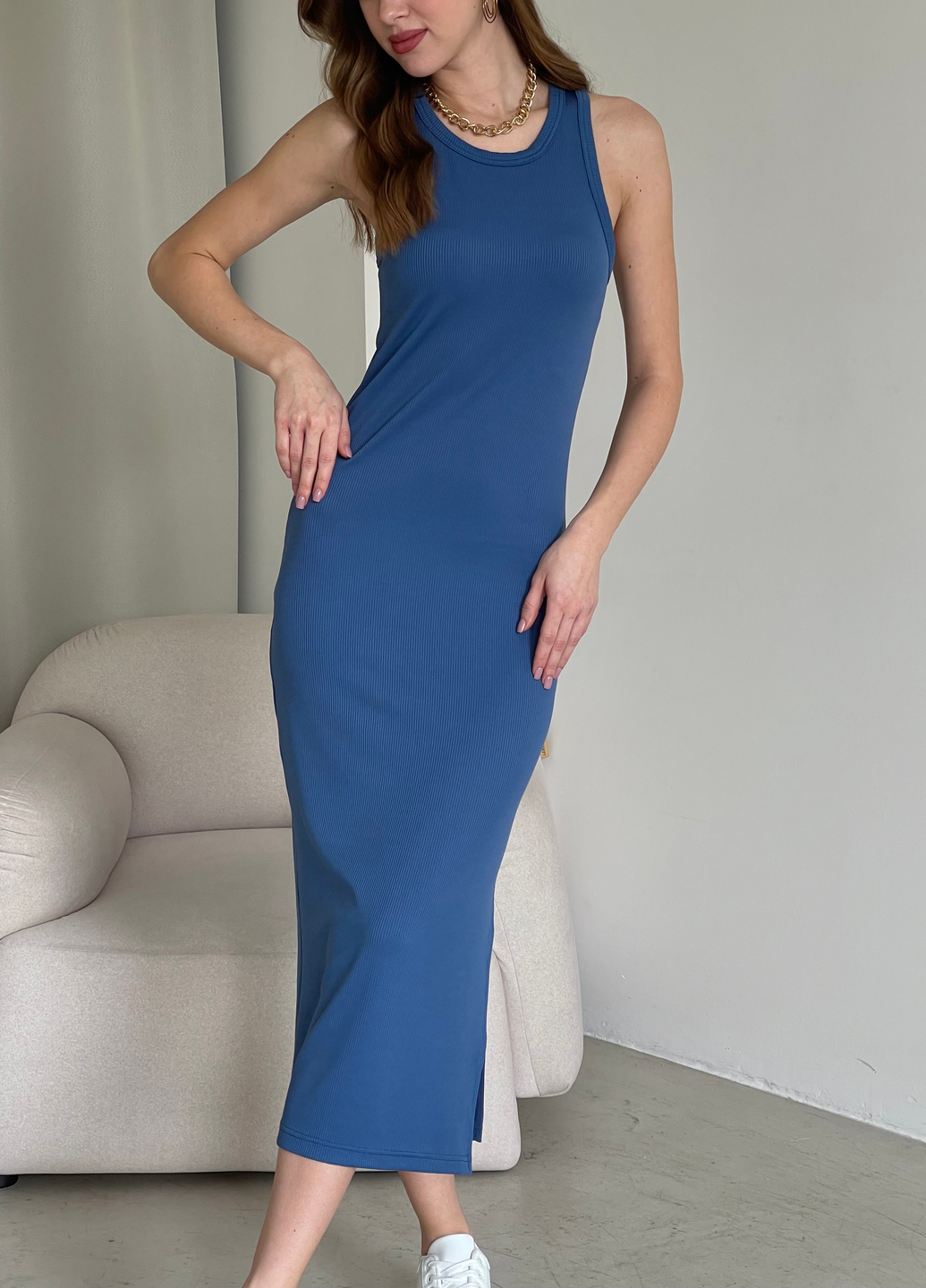 Купить Длинное платье-майка в рубчик синее Merlini Лонга 700000111 размер 42-44 (S-M) в интернет-магазине