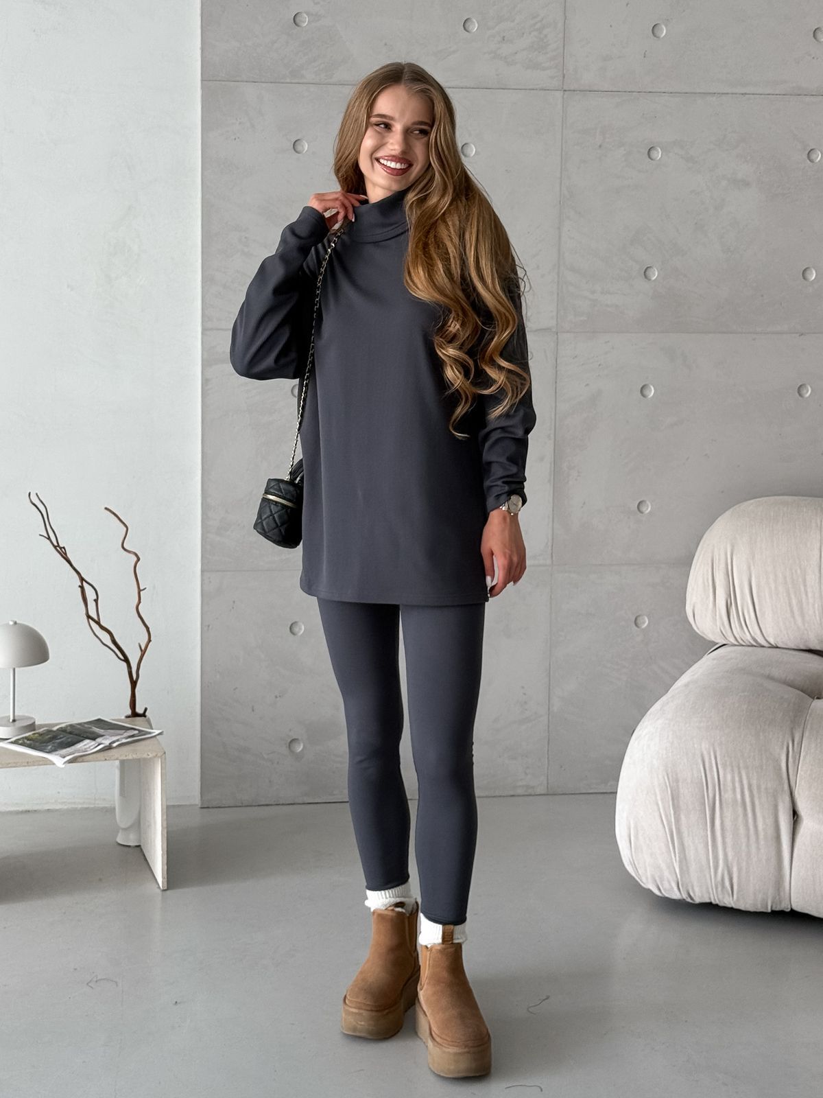 Кофта з високим горлом в рубчик на флісі сіра Merlini Serena 110002063 розмір 4XL-5XL