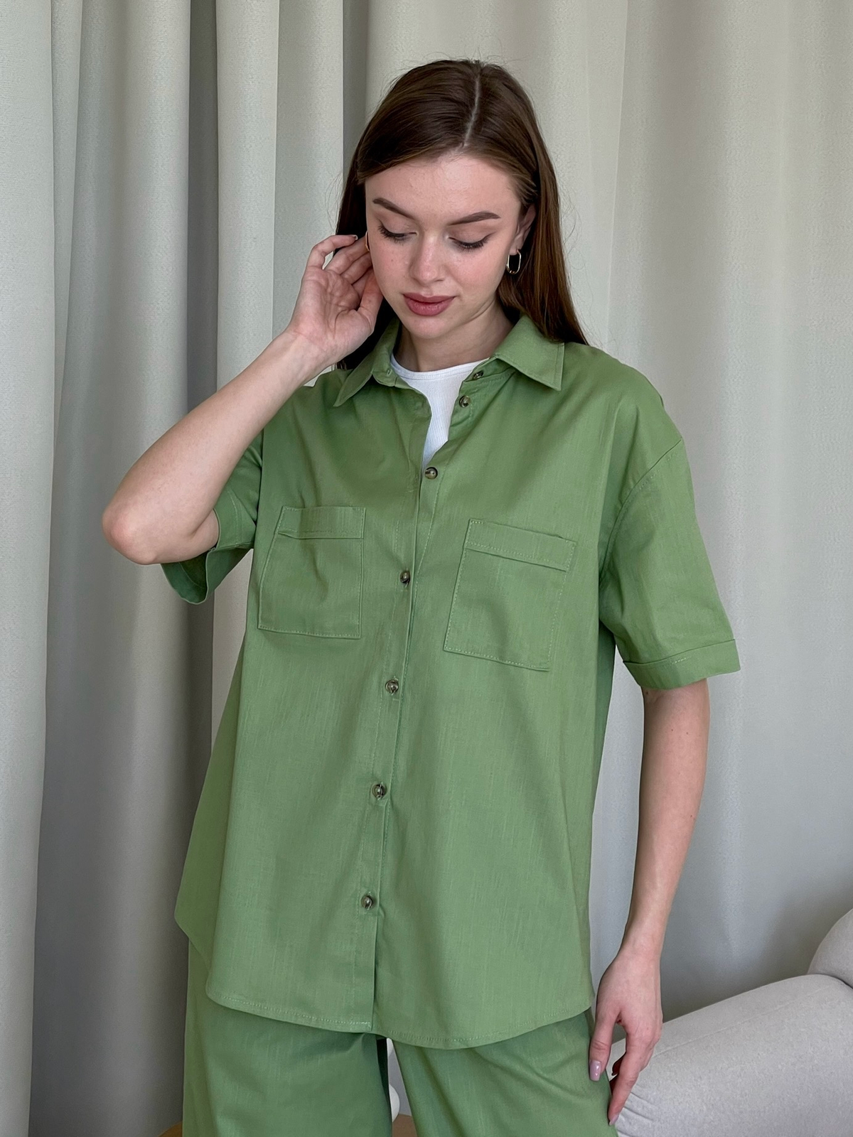 Купить Льняной костюм с штанами палаццо и рубашкой зеленый Лорен 100001205 размер 42-44 (S-M) в интернет-магазине