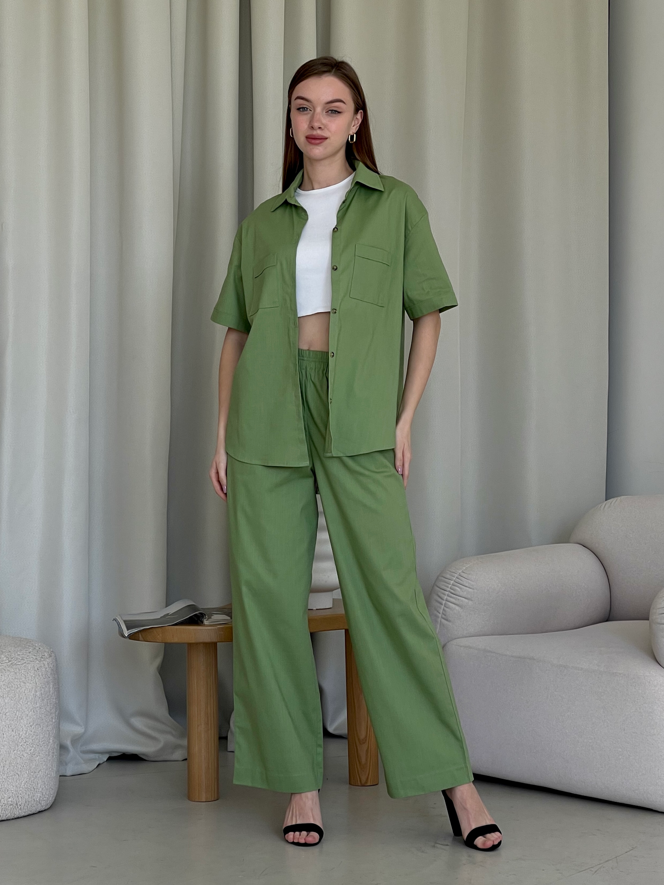Купить Льняной костюм с штанами палаццо и рубашкой зеленый Лорен 100001205 размер 54-56 (4XL-5XL) в интернет-магазине