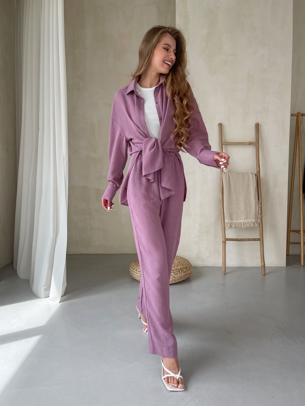 Купить Женский костюм с широкими штанами и рубашкой из льна розовый Merlini Лечче 100000543, размер 54-56 (4XL-5XL) в интернет-магазине