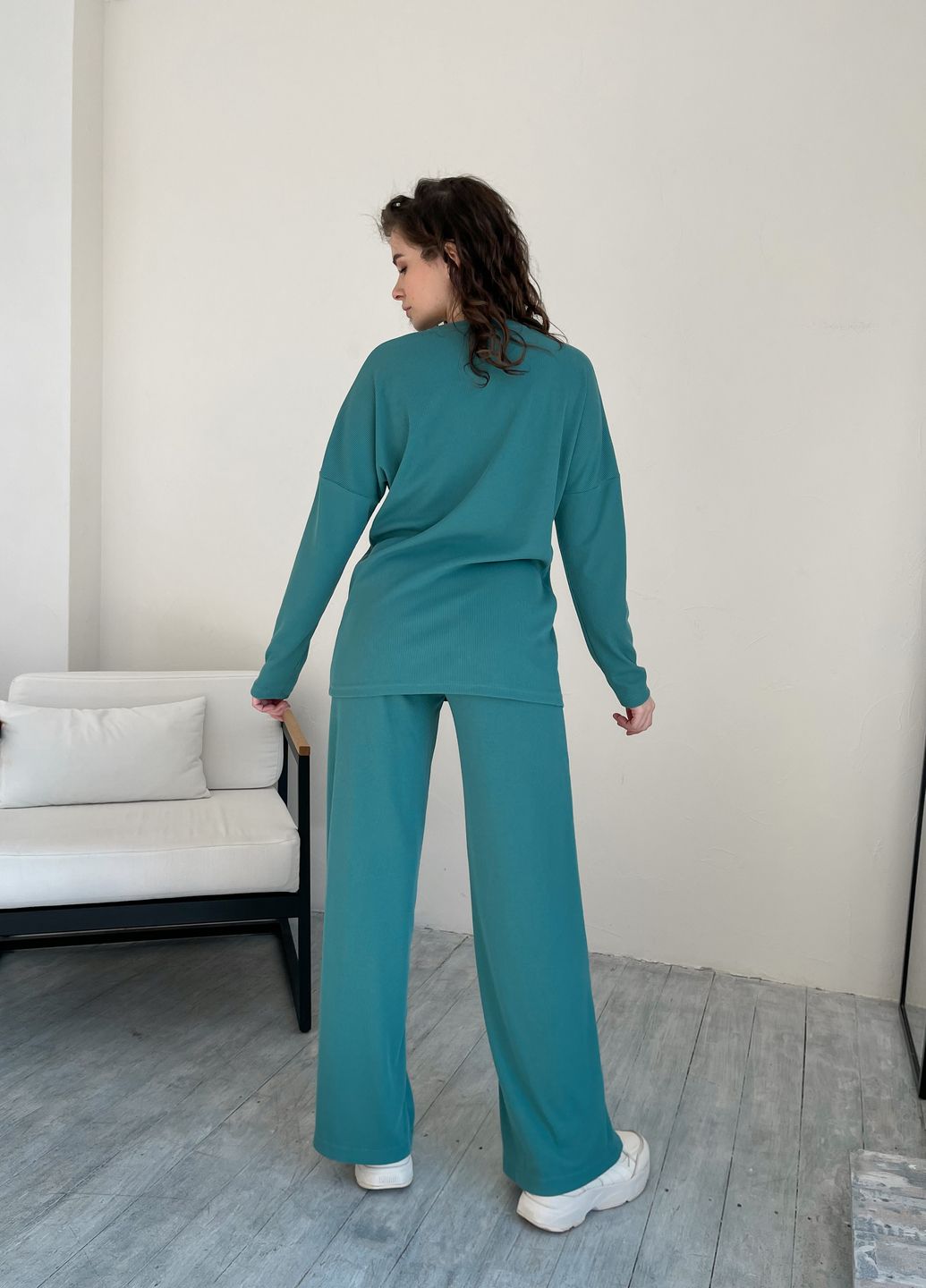 Купить Бирюзовый костюм женский в рубчик с широкими штанами Merlini Мантуя 100000405, размер XS-M в интернет-магазине