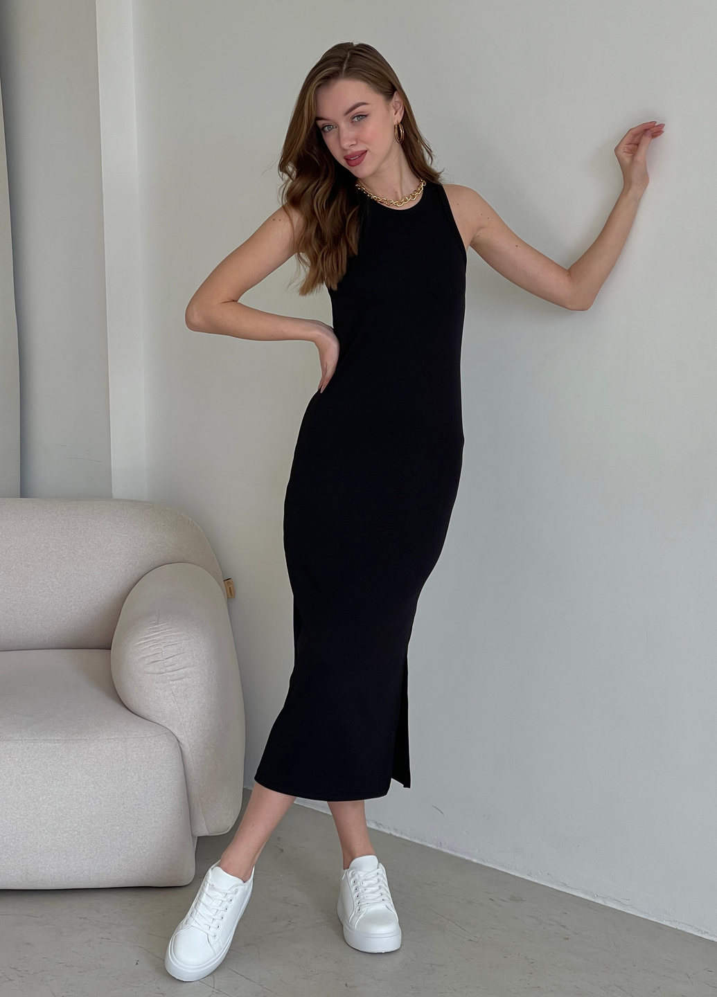 Купить Длинное платье-майка в рубчик черное Merlini Лонга 700000101 размер 42-44 (S-M) в интернет-магазине