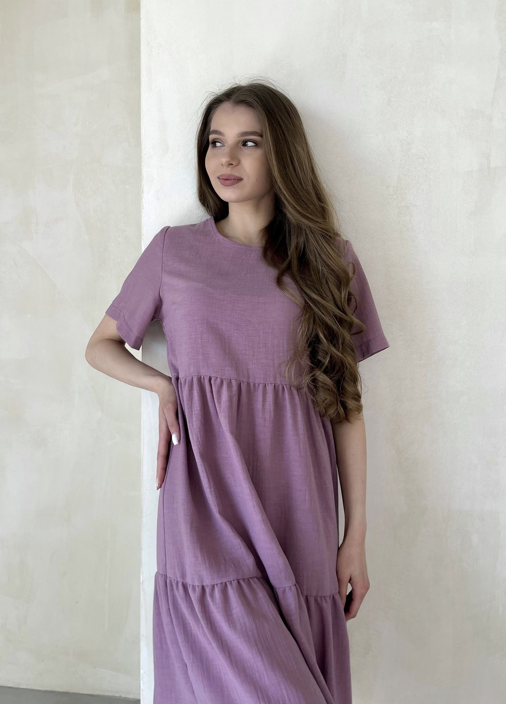 Купить Женское платье до колена однотонное с коротким рукавом из льна розовое Merlini Сесто 700000162, размер 50-52 (2XL-3XL) в интернет-магазине