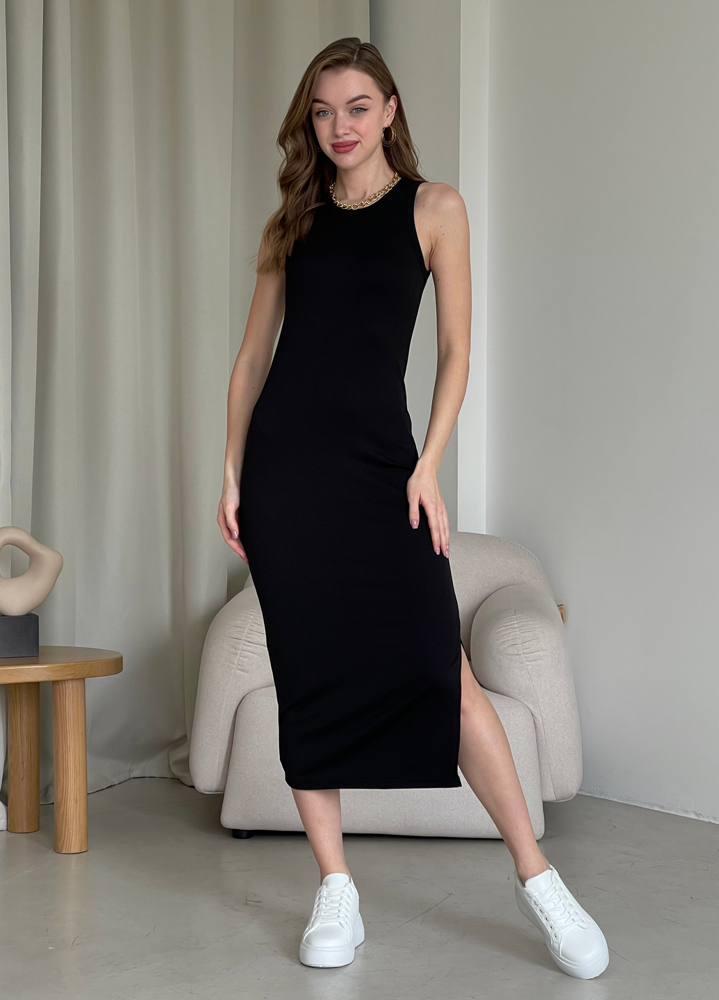 Купити Довга сукня-майка в рубчик чорне Merlini Лонга 700000101 розмір 42-44 (S-M) в інтернет-магазині