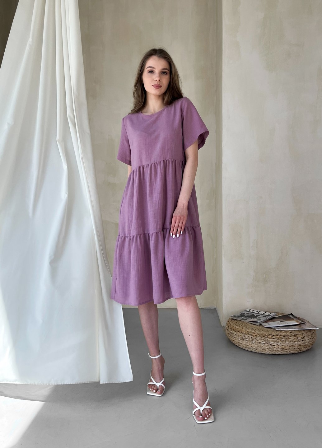 Купити Жіноча сукня до коліна однотонна з коротким рукавом з льону рожеве Merlini Сесто 700000162, розмір 42-44 (S-M) в інтернет-магазині