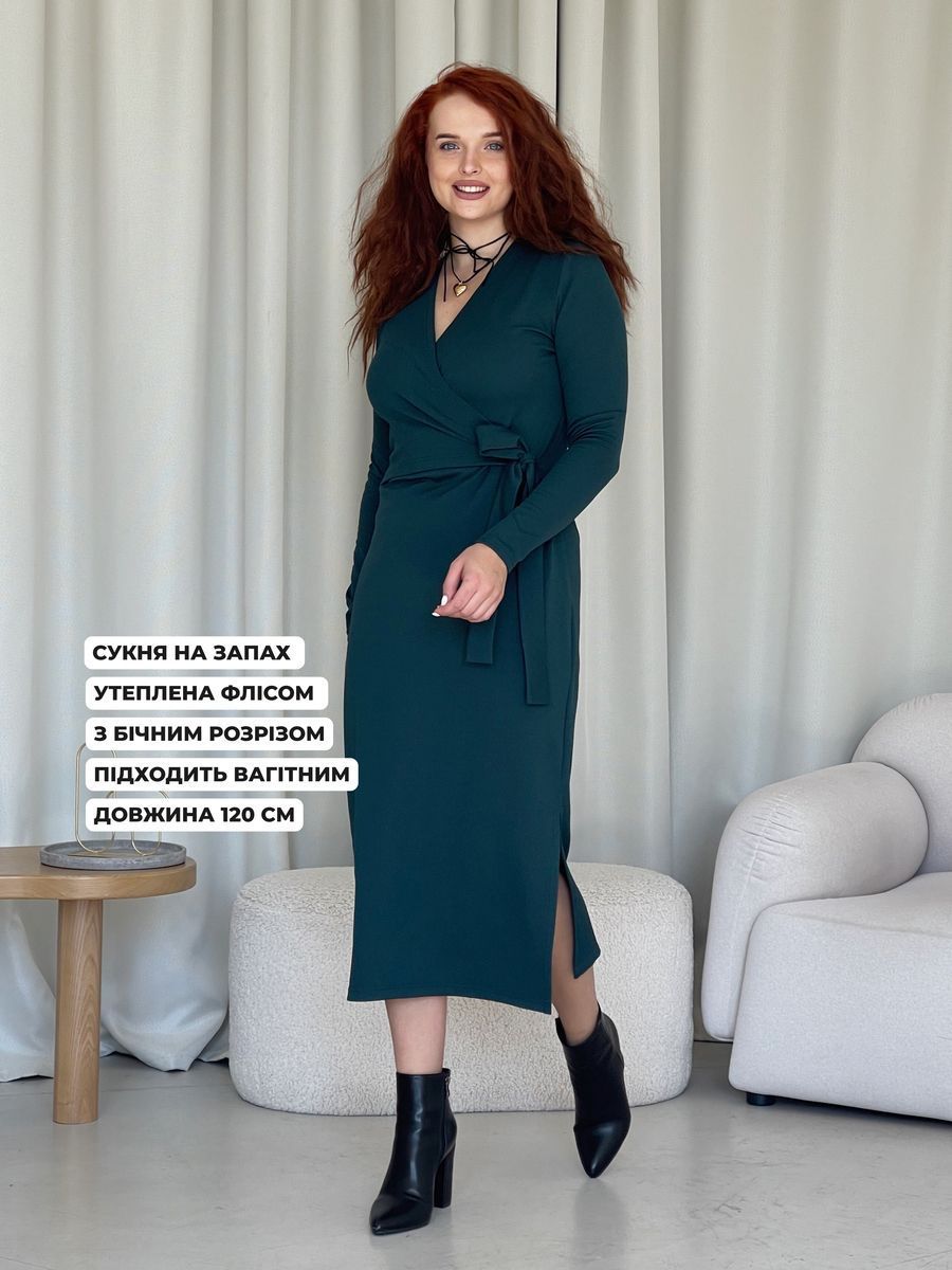 Купити Тепла довга сукня на запах в рубчик на флісі зелена Merlini Аппо 700001444 розмір L-XL (46-48) в інтернет-магазині