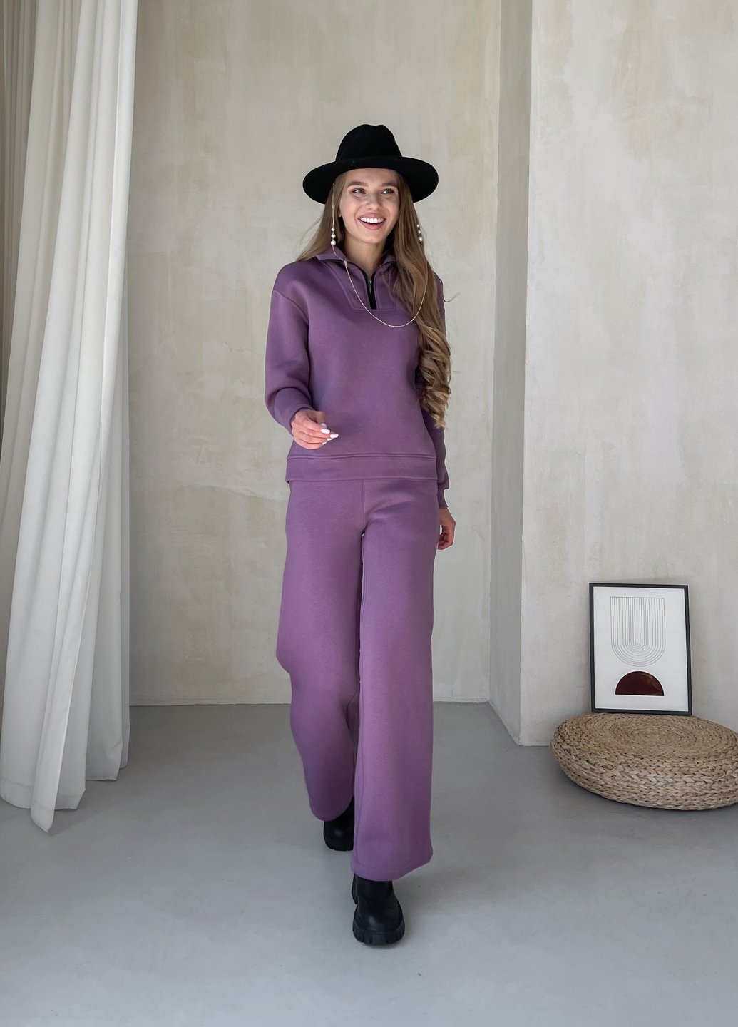 Купить Зимний женский костюм на флисе с широкими штанами и кофтой на замке фиолетовый Merlini Клермон 100001105, размер 42-44 (S-M) в интернет-магазине