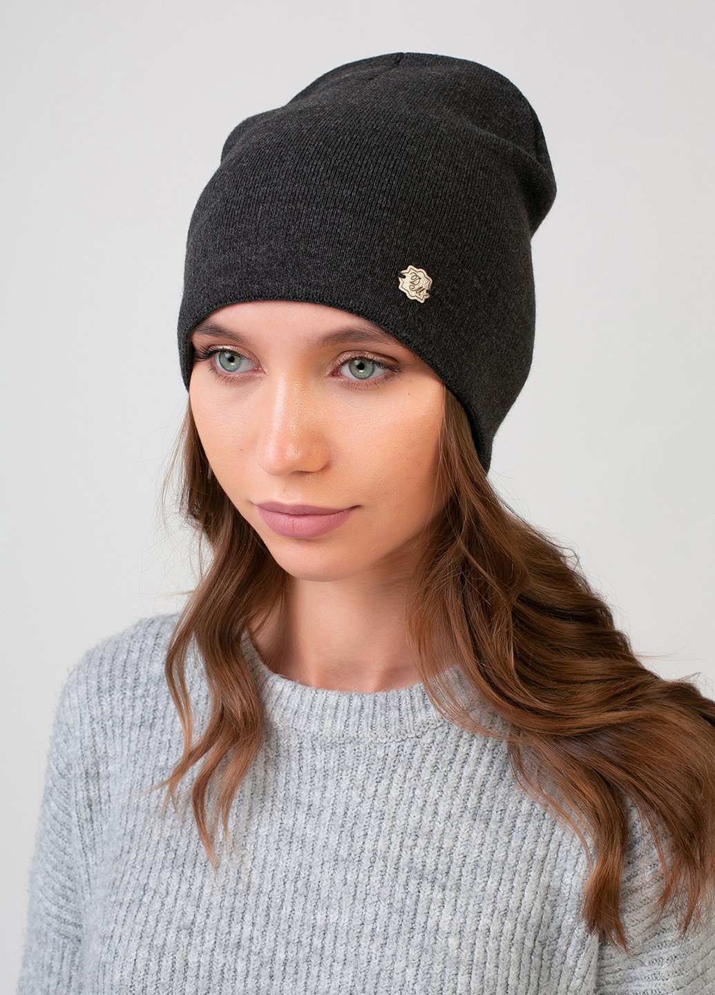 Купить Зимняя двойная женская шапка без подкладки DeMari Итальянка 551054 - Тёмно-Серый в интернет-магазине
