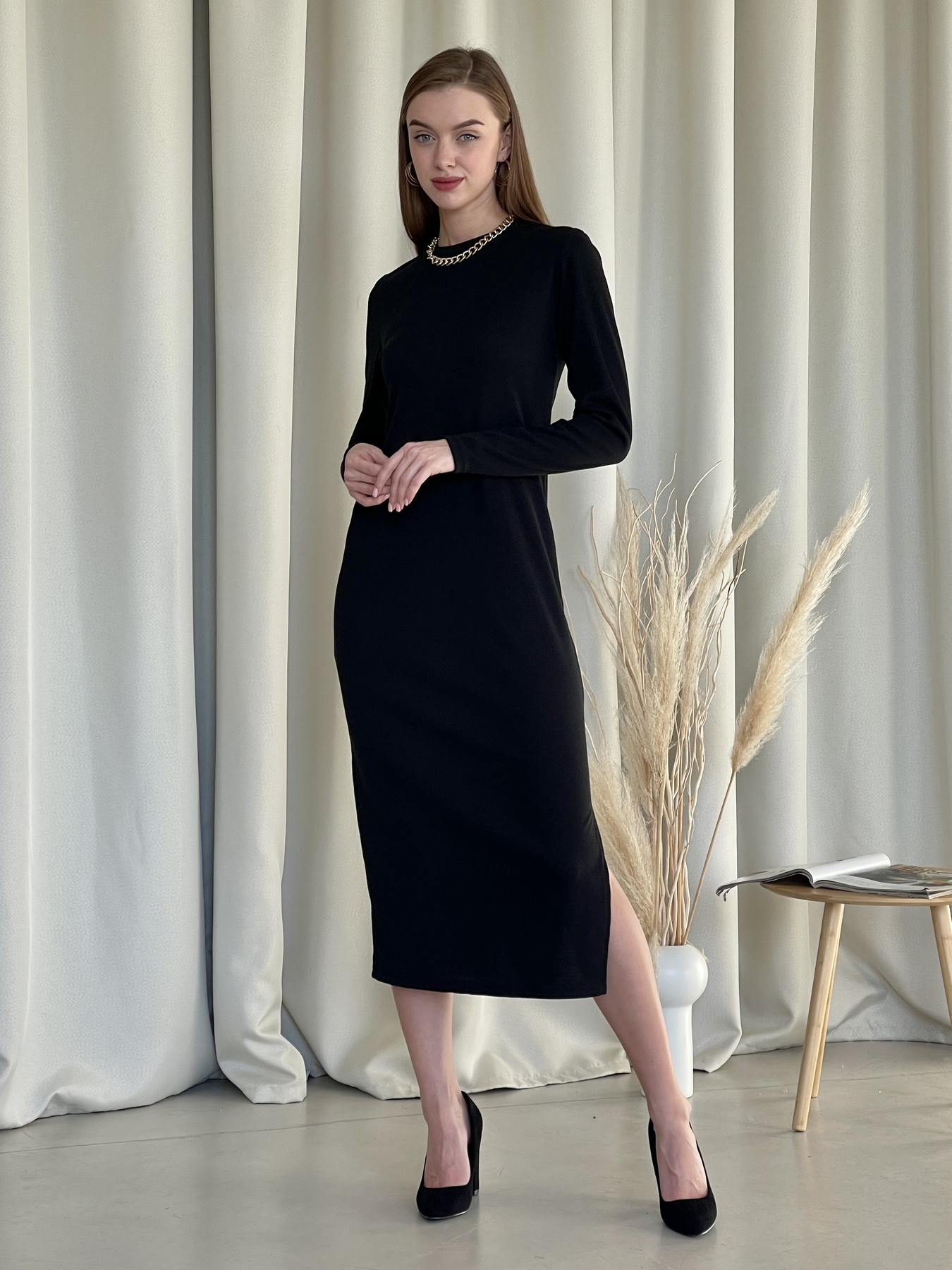Купить Длинное платье черное в рубчик с длинным рукавом Merlini Кондо 700001161, размер 42-44 (S-M) в интернет-магазине