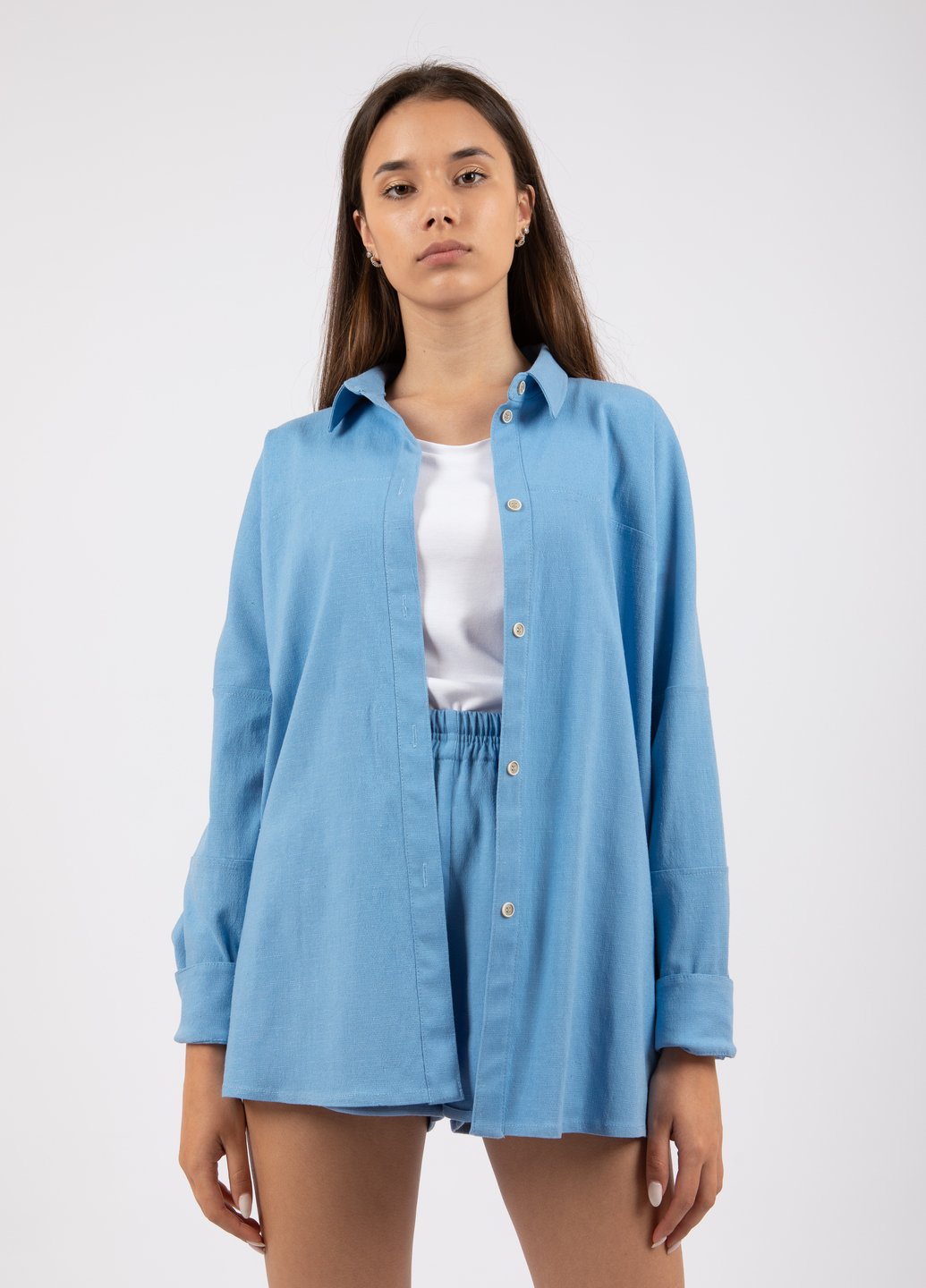 Купить Оверсайз льняная рубашка женская Merlini Барбадос 200000040 - Голубой, 42-44 в интернет-магазине