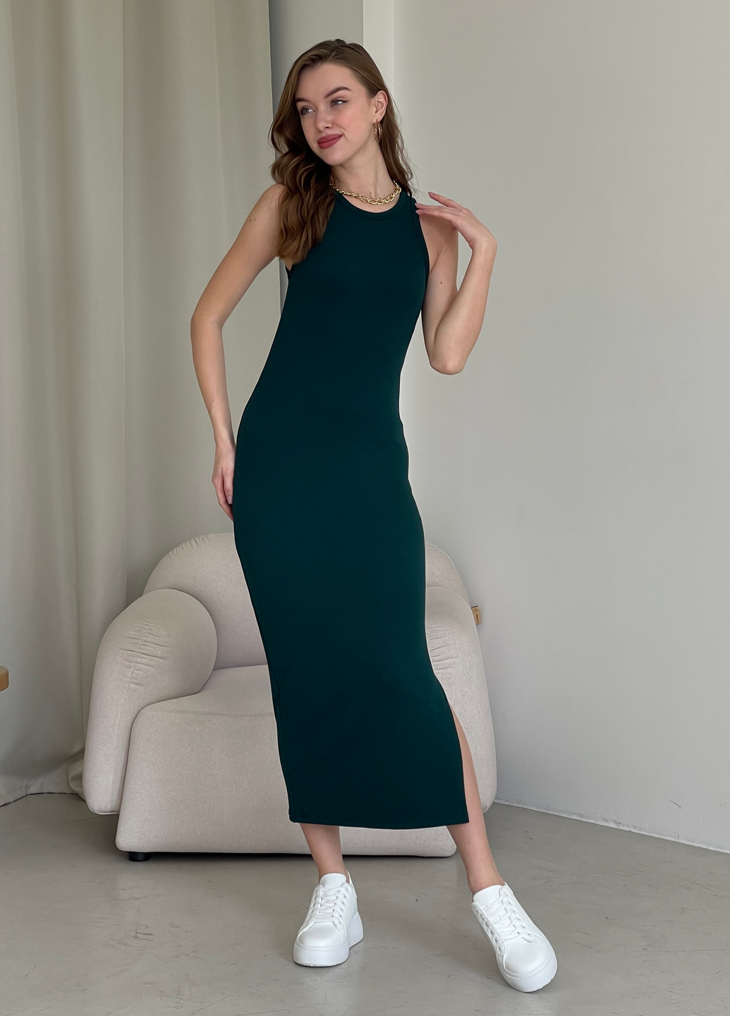 Купить Длинное платье-майка в рубчик зеленое Merlini Лонга 700000112 размер 42-44 (S-M) в интернет-магазине