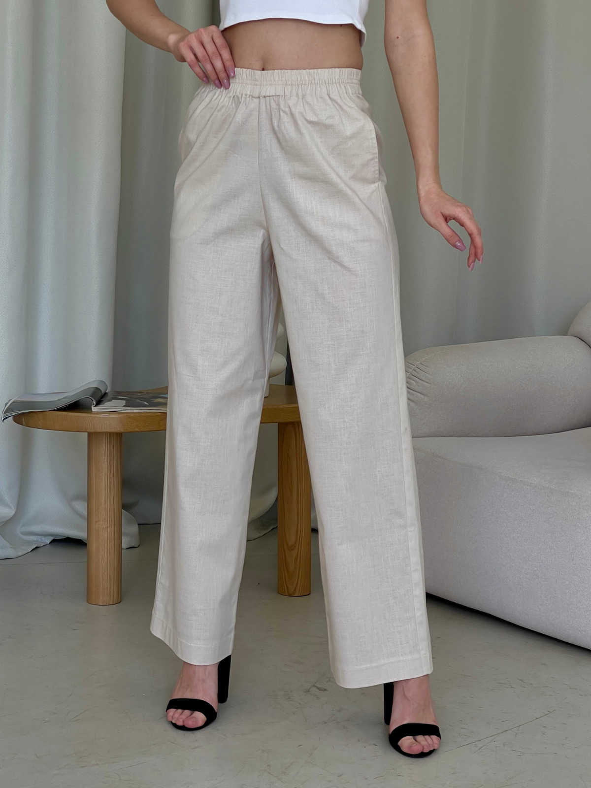 Купити Льняний костюм з брюками палаццо та сорочкою бежевий Лорен 100001206 розмір 42-44 (S-M) в інтернет-магазині