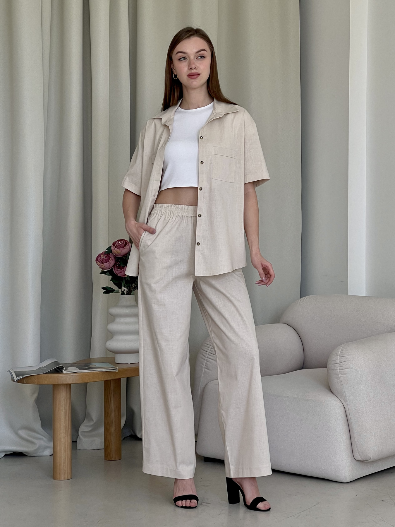 Купить Льняной костюм с штанами палаццо и рубашкой бежевый Лорен 100001206 размер 46-48 (L-XL) в интернет-магазине