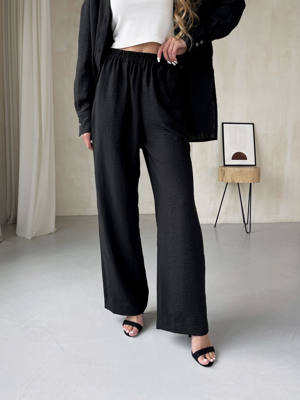 Купить Женский костюм с широкими штанами и рубашкой из льна черный Merlini Лечче 100000541, размер 42-44 (S-M) в интернет-магазине