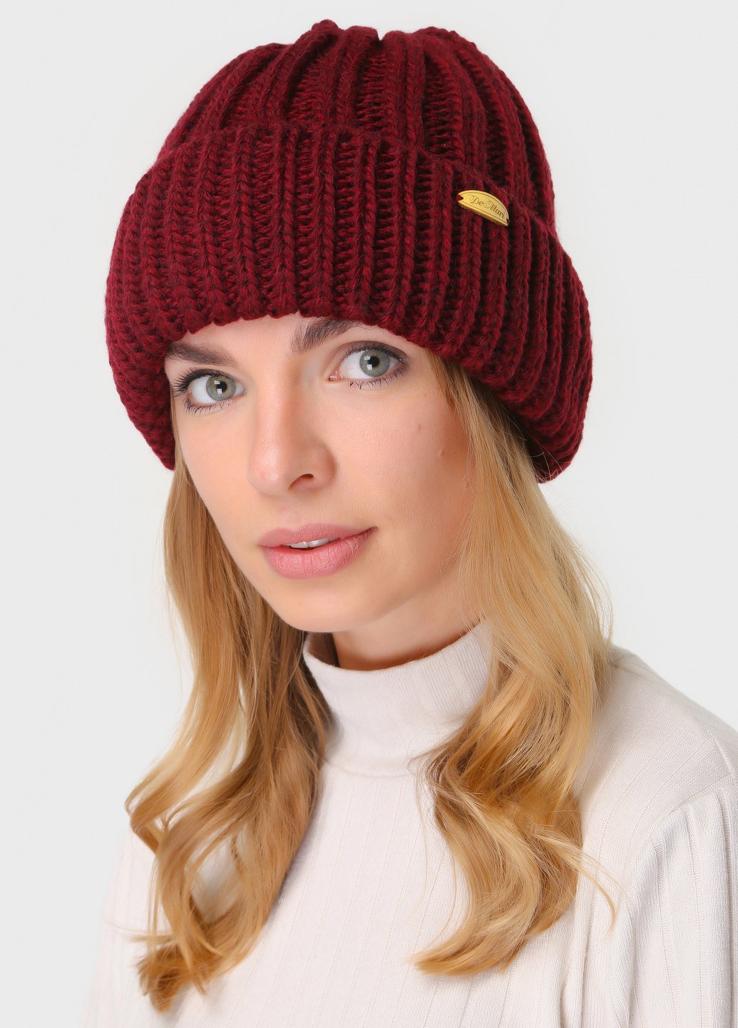 Купити Зимова жіноча в'язана шапка з відворотом на флісовій підкладці DeMari Мія 500041 - Бордовий в інтернет-магазині