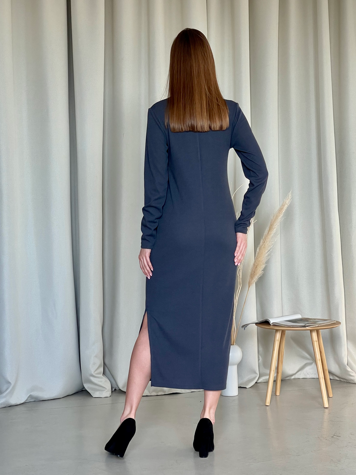 Купити Довга сукня сіра в рубчик з довгим рукавом Merlini Кондо 700001162, розмір 42-44 (S-M) в інтернет-магазині