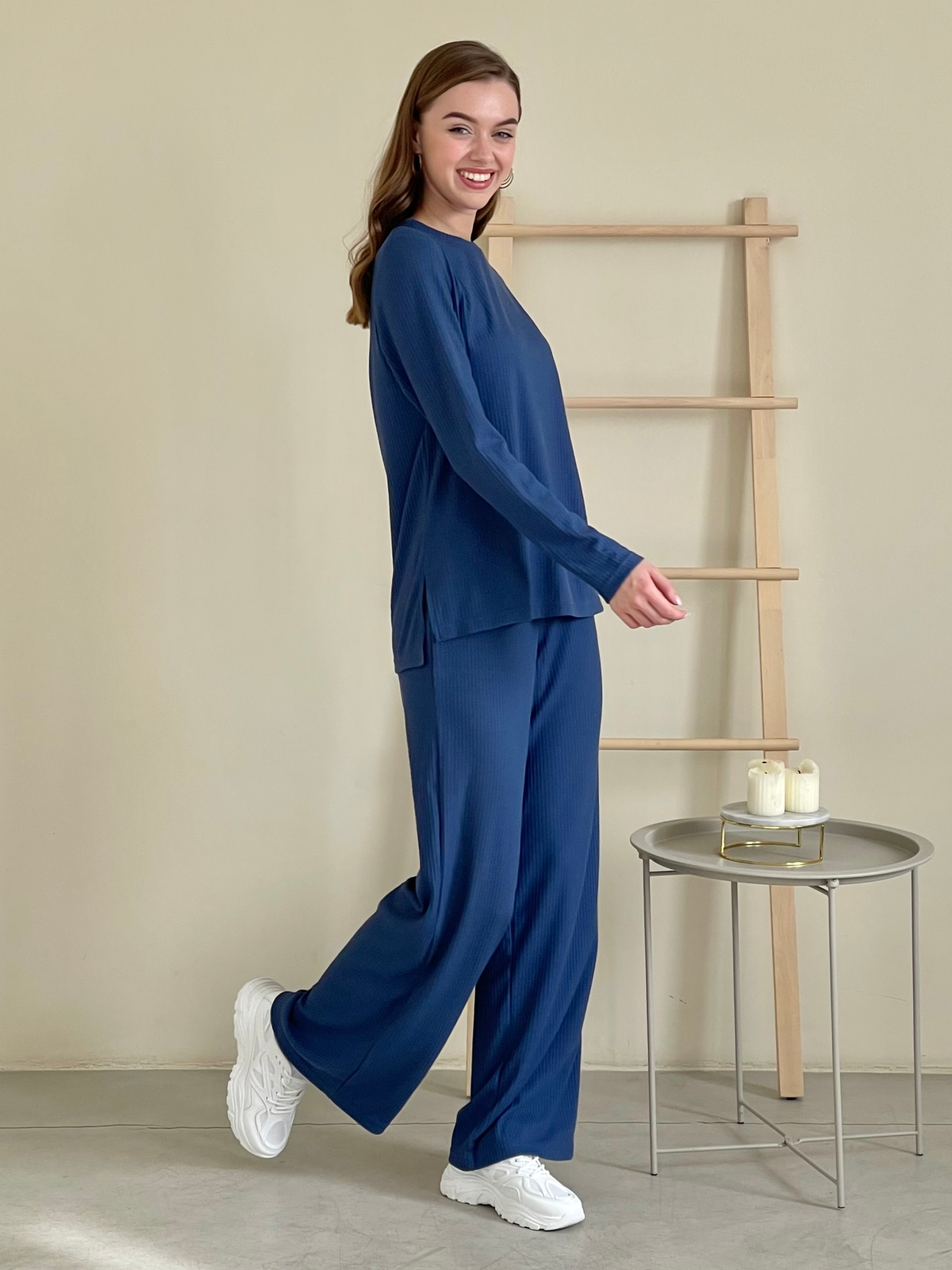 Купить Костюм с широкими брюками в рубчик синий Merlini Менто 100001163, размер 42-44 (S-M) в интернет-магазине