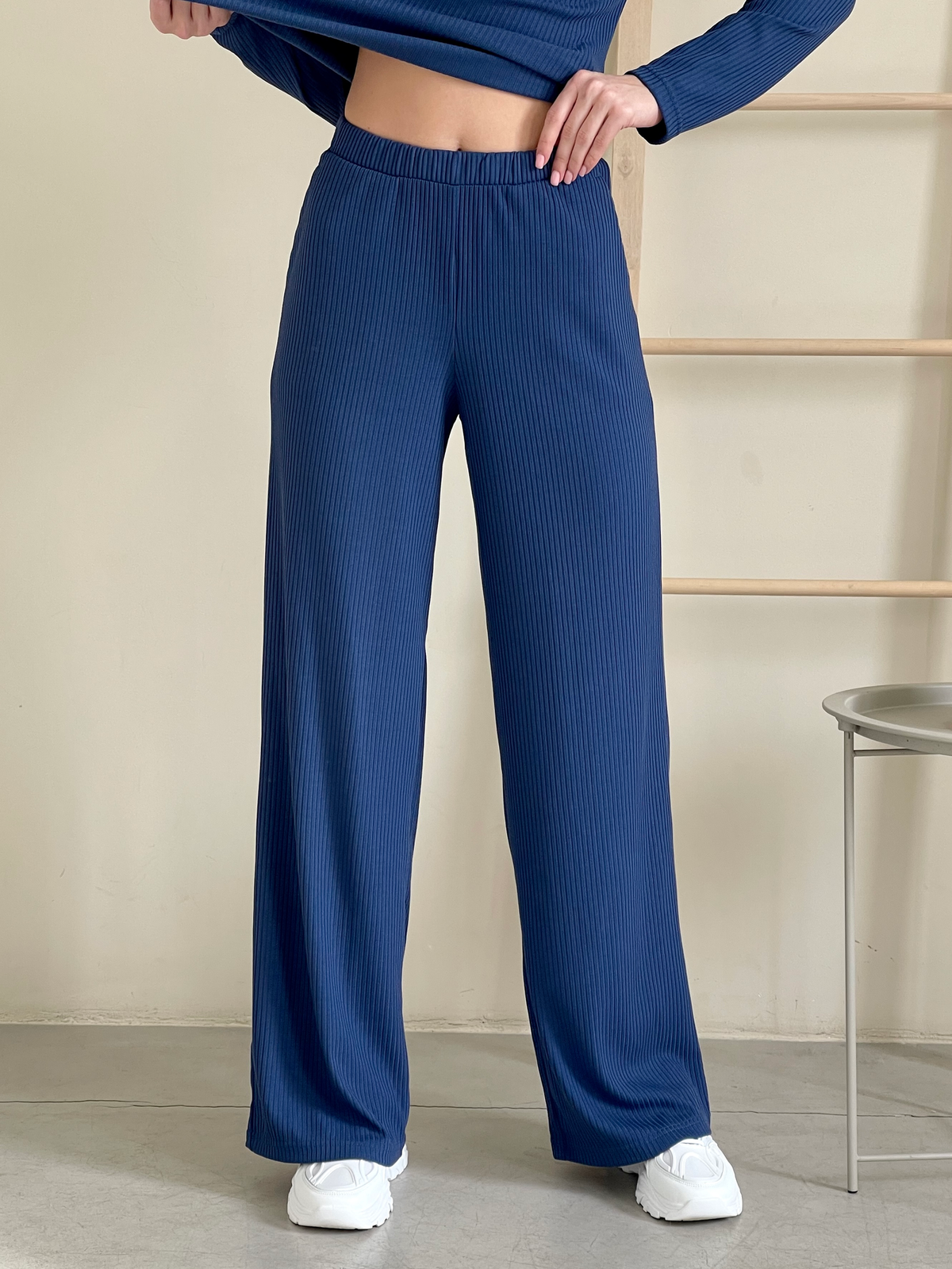 Купить Костюм с широкими брюками в рубчик синий Merlini Менто 100001163, размер 42-44 (S-M) в интернет-магазине