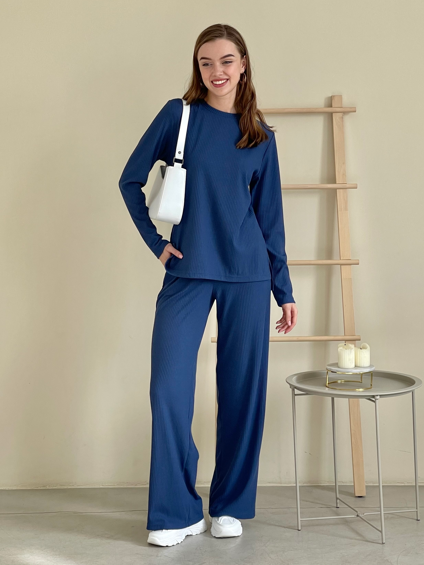 Купить Костюм с широкими брюками в рубчик синий Merlini Менто 100001163, размер 46-48 (L-XL) в интернет-магазине