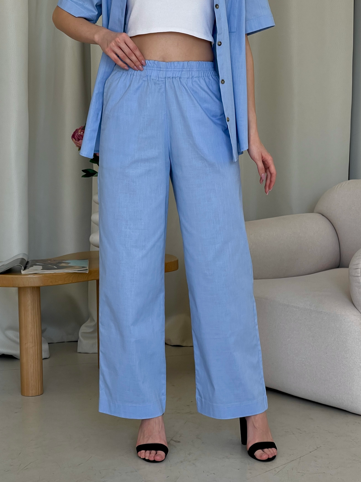 Купить Льняной костюм с штанами палаццо и рубашкой голубой Лорен 100001207 размер 42-44 (S-M) в интернет-магазине