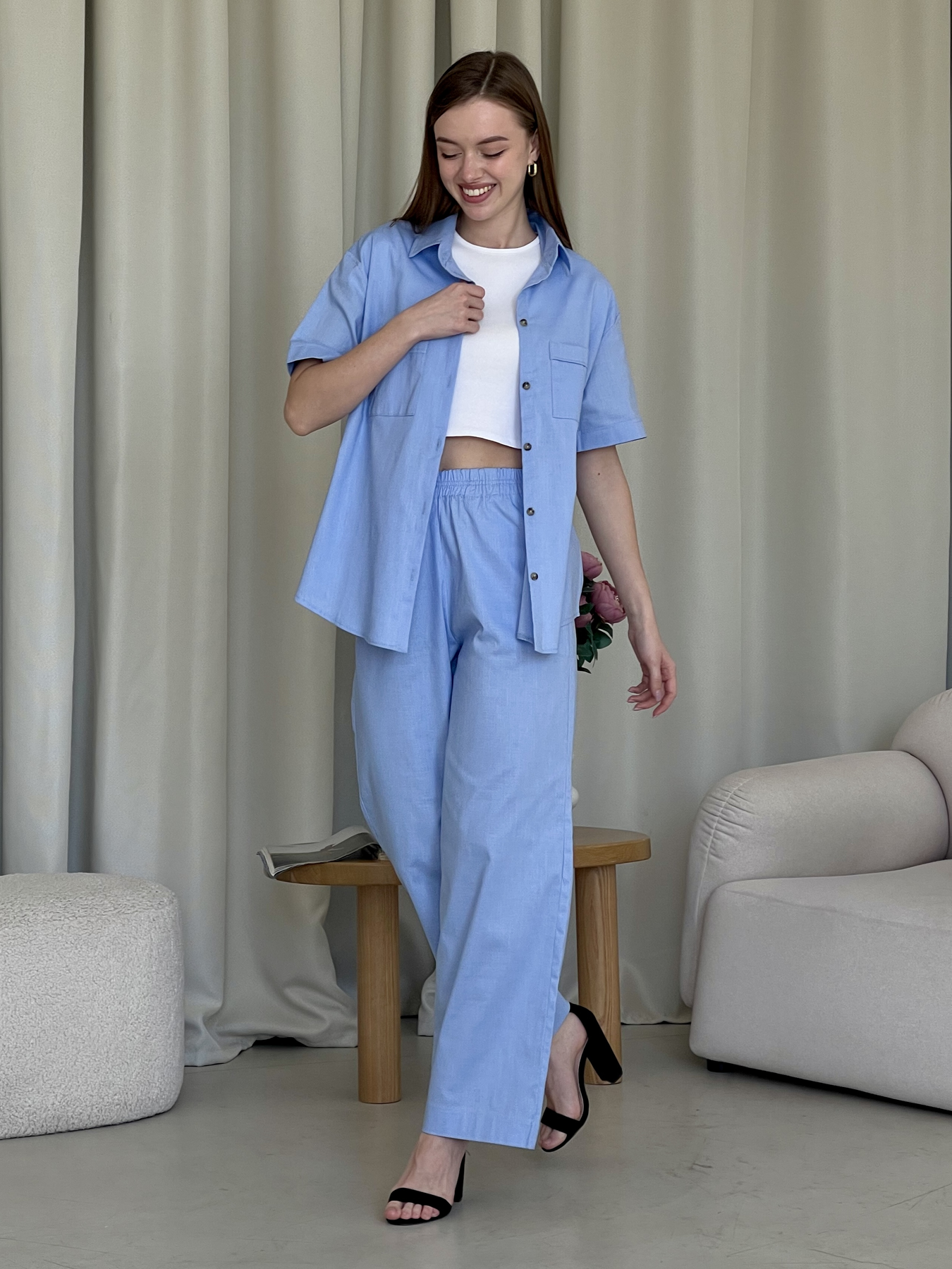 Купити Льняний костюм з брюками палаццо та сорочкою блакитний Лорен 100001207 розмір 42-44 (S-M) в інтернет-магазині