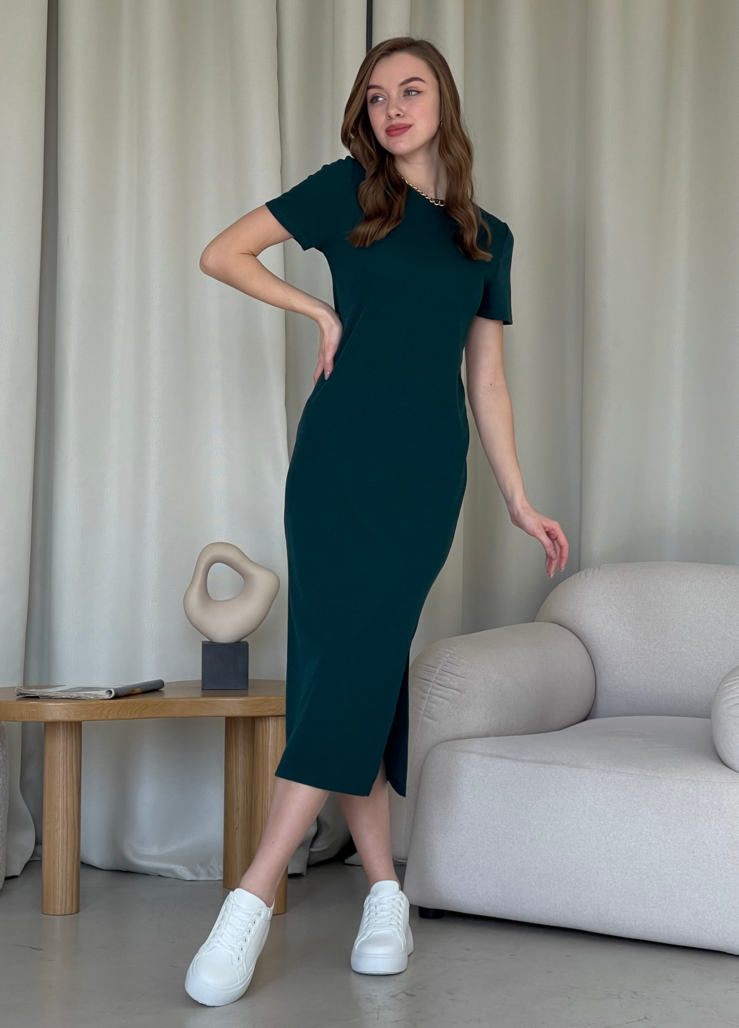Купить Длинное платье-футболка в рубчик зеленое Merlini Кассо 700000132 размер 42-44 (S-M) в интернет-магазине
