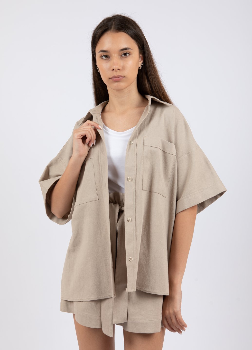 Купить Льняная оверсайз рубашка женская Merlini Касабланка 200000021 - Бежевый, 42-44 в интернет-магазине