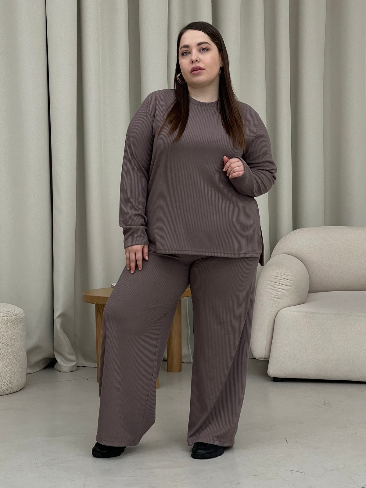Купить Костюм с широкими брюками в рубчик цвет мокко Merlini Менто 100001164, размер 42-44 (S-M) в интернет-магазине
