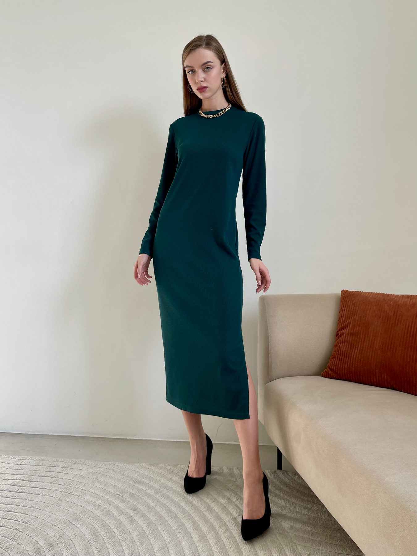 Купити Довга сукня зелена в рубчик з довгим рукавом Merlini Кондо 700001163, розмір 42-44 (S-M) в інтернет-магазині