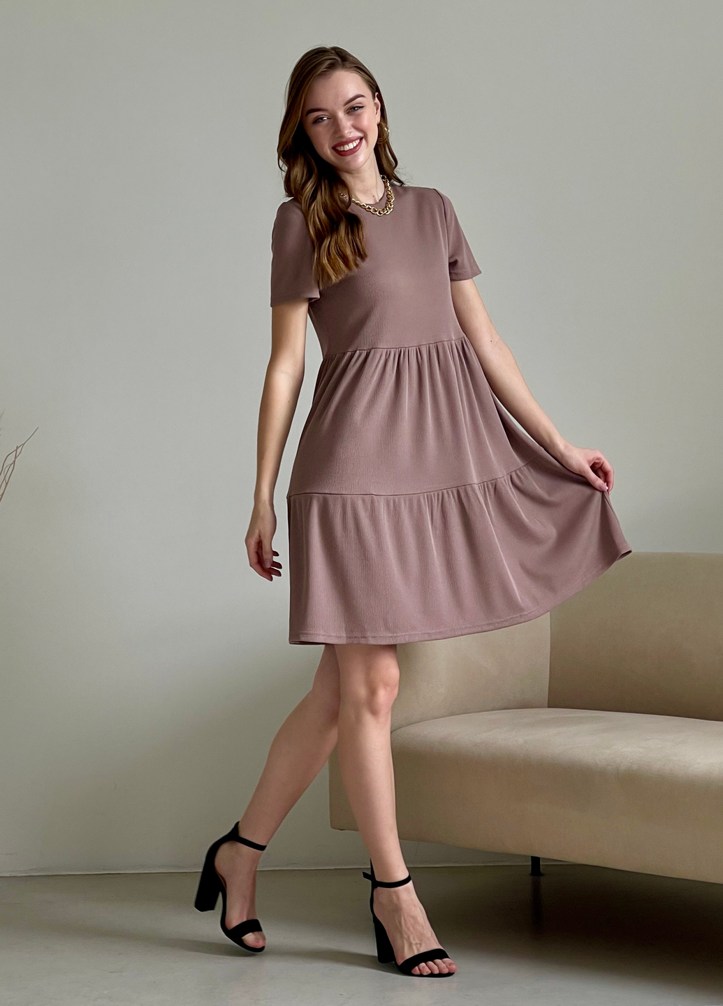 Купить Свободное платье трапеция миди цвет мокко Merlini Маркони 700001224 размер 42-44 (S-M) в интернет-магазине