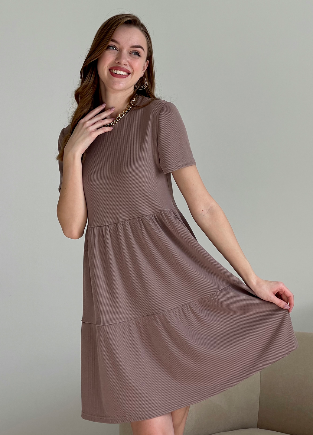 Купить Свободное платье трапеция миди цвет мокко Merlini Маркони 700001224 размер 42-44 (S-M) в интернет-магазине