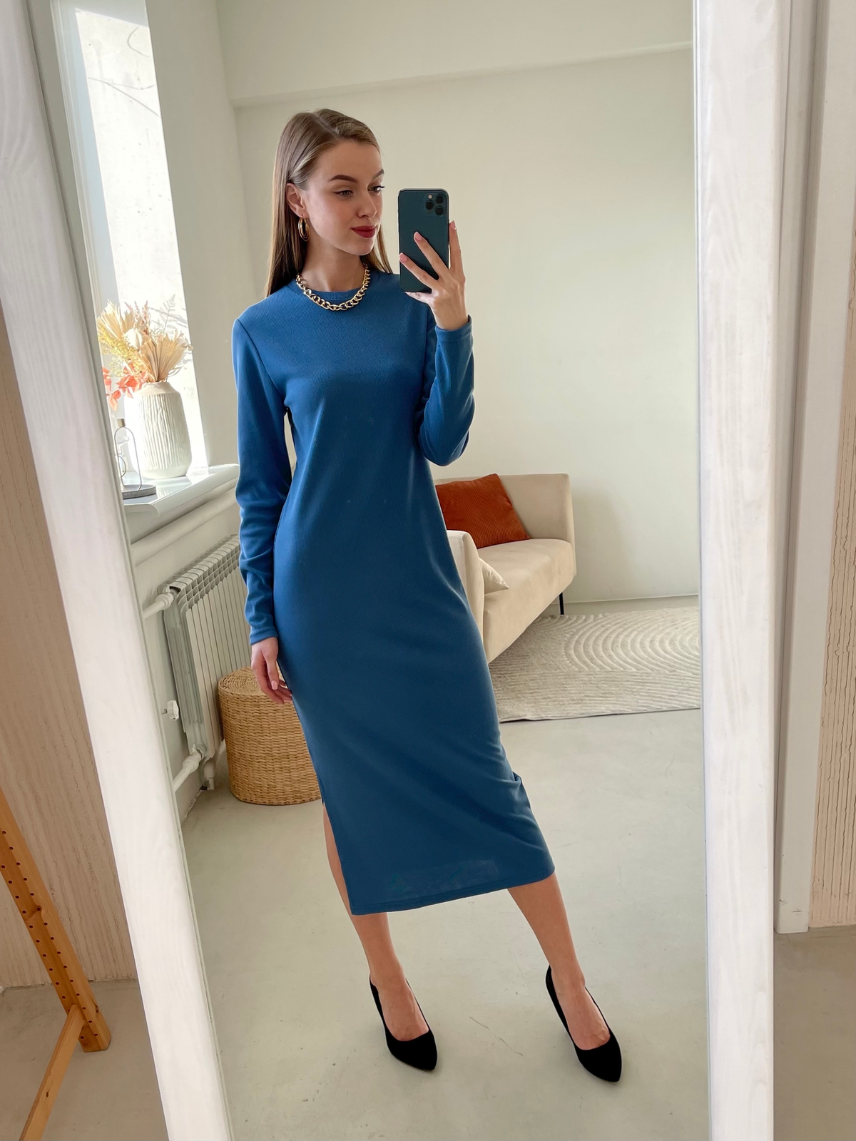 Купить Длинное платье синее в рубчик с длинным рукавом Merlini Кондо 700001165, размер 42-44 (S-M) в интернет-магазине