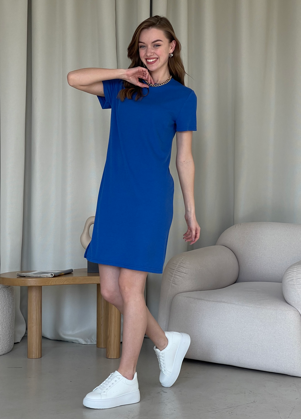 Купить Платье-футболка до колена в рубчик синее Merlini Милан 700000147 размер 42-44 (S-M) в интернет-магазине