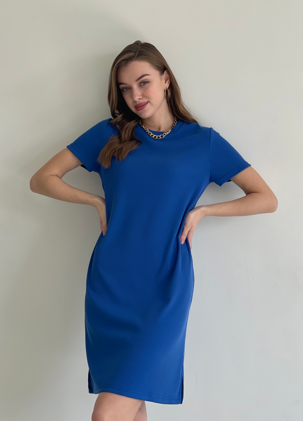 Купити Сукня-футболка до коліна в рубчик синє Merlini Мілан 700000147 розмір 42-44 (S-M) в інтернет-магазині